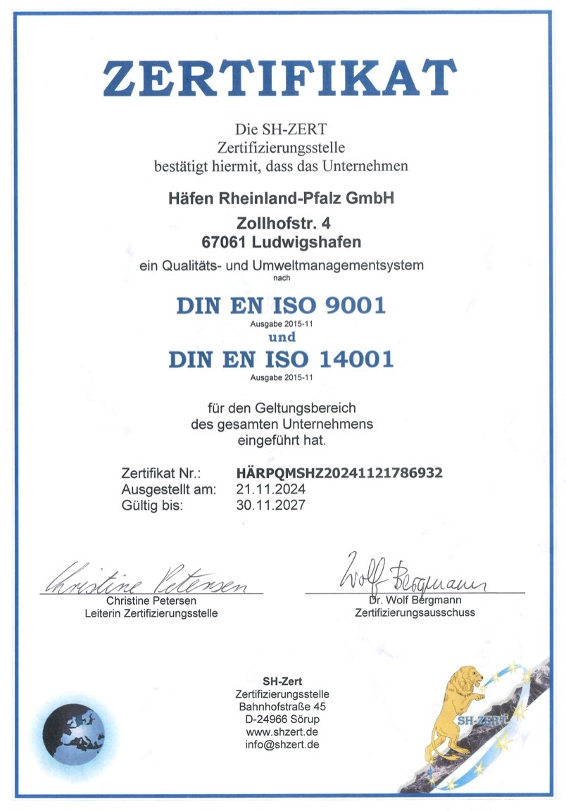 Hier sehen Sie das Zertifikat für die betriebslandeseigenen Anlagen an Wasserstraßen für Unternehmen Häfen Rheinland-Pfalz GmbH nach Die E. N. ISO 9001 und DIN E. N. ISO 14.001