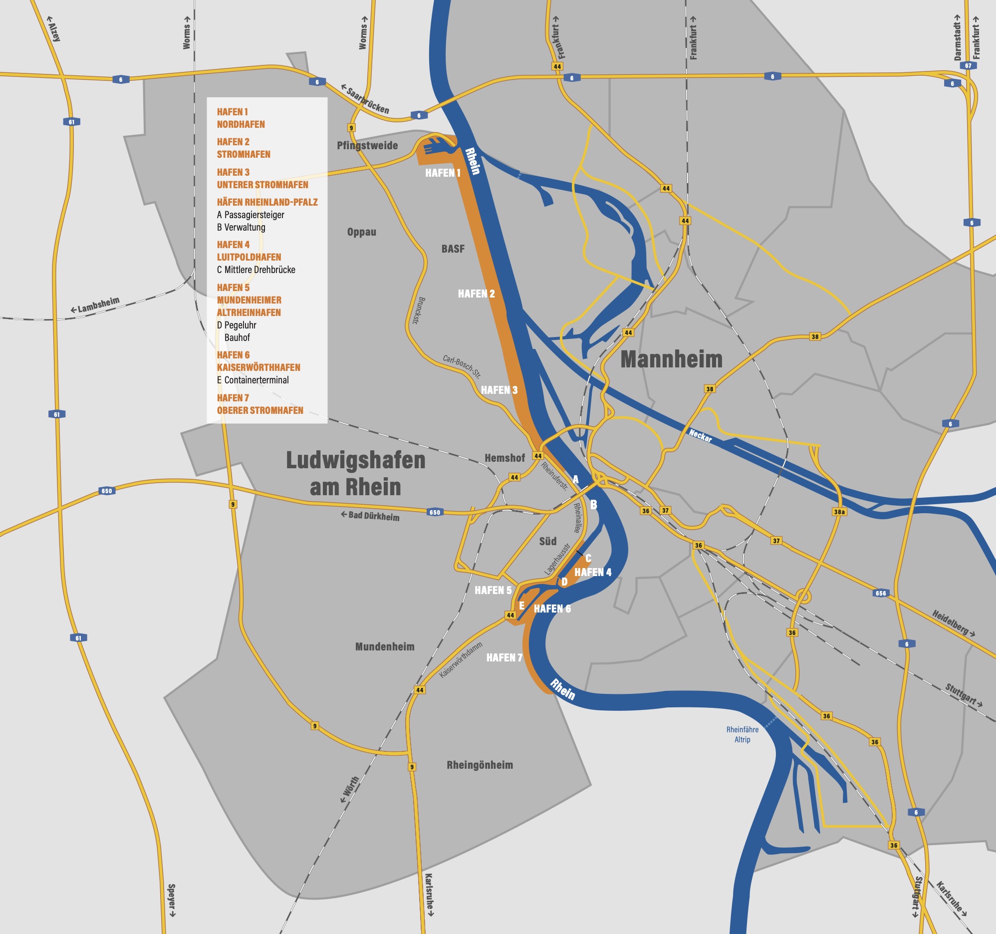 Kartenübersicht der Häfen Ludwigshafen entlang des Rheins mit markierten Hafenbereichen (Hafen 1–7), Rhein- und Neckarverlauf sowie Straßenanbindungen und Lage der BASF.